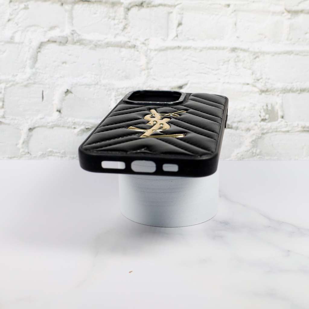 YSL iPhone Case Fashion Black Leather for 12 13 14 15 16 17 18Pro Max Plus