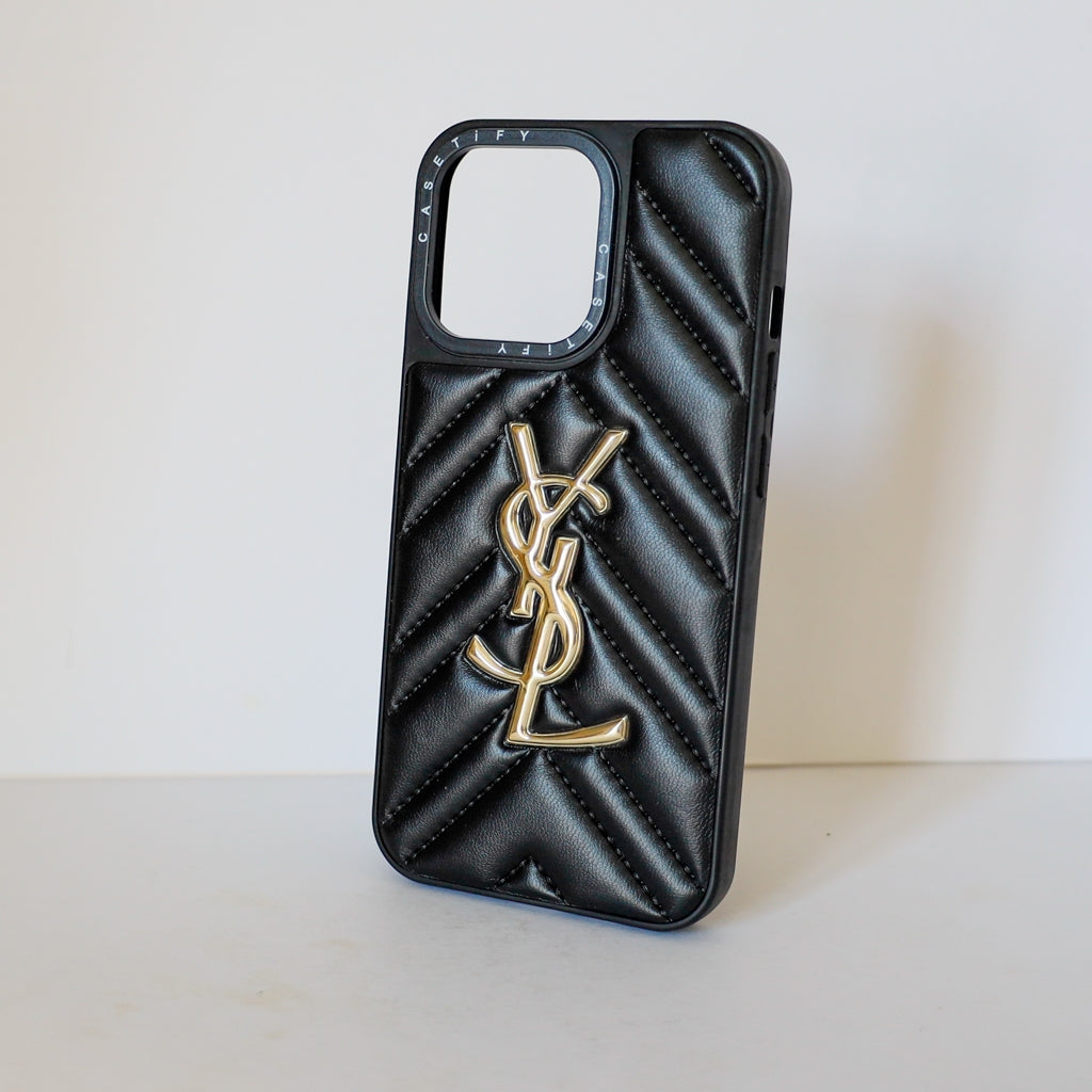 YSL iPhone Case Fashion Black Leather for 12 13 14 15 16 17 18Pro Max Plus