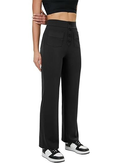 Women’s High-Waisted Straight Leg Pants with Button and Pockets