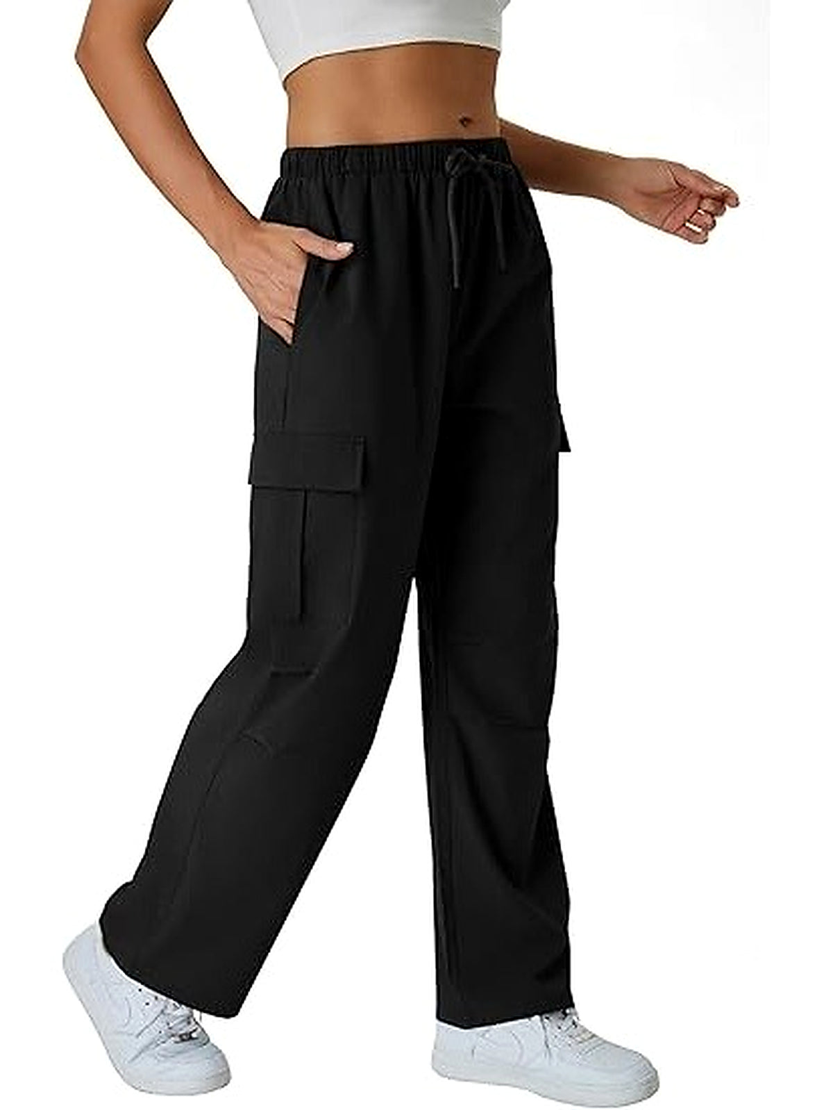 Women’s High-Waisted Cargo Hiking Pants with Drawstring & 4 Pockets